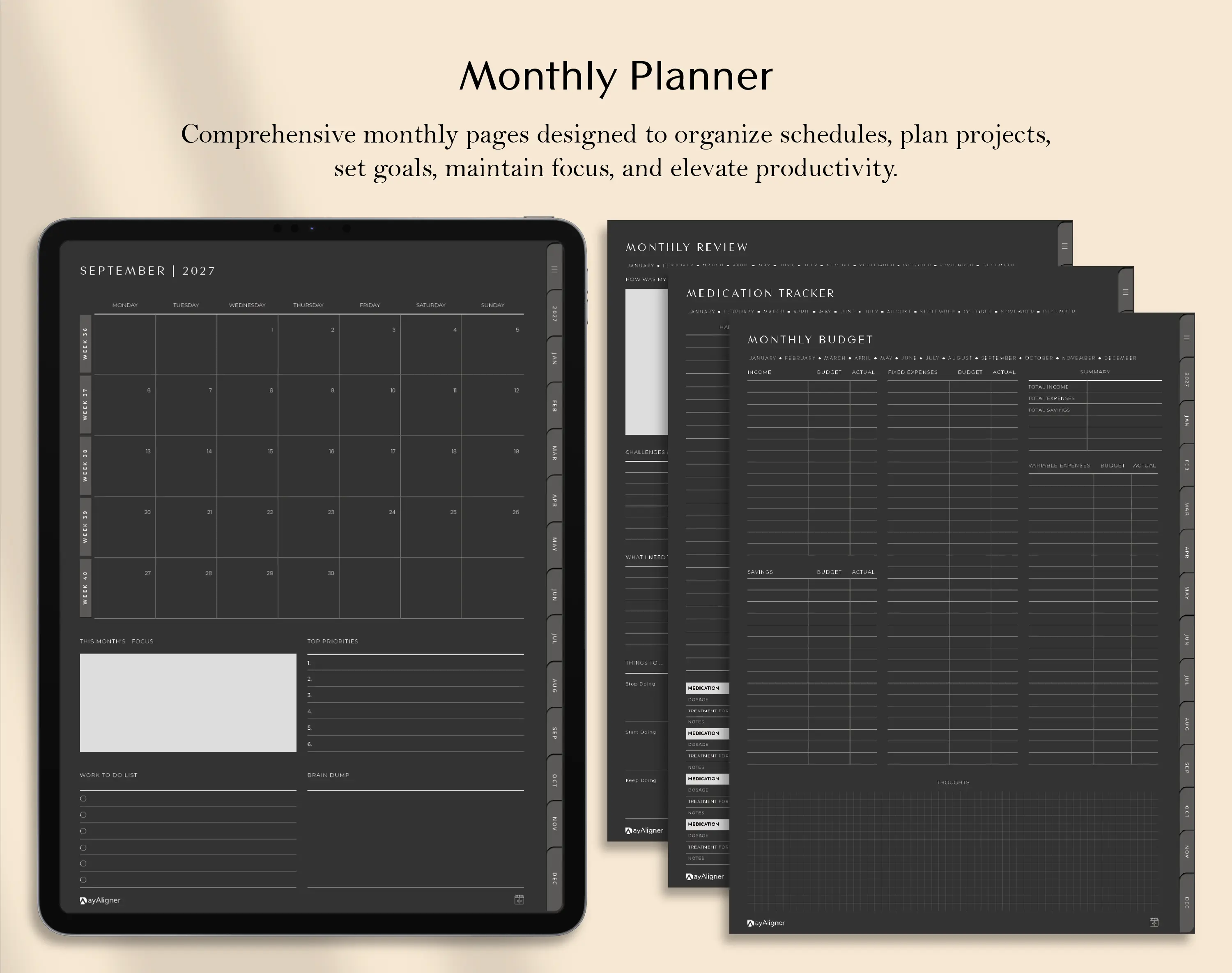 Monthly Layout_Digital_Planner_Dark_Bundle_Dayaligner.com